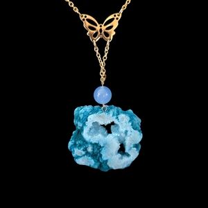 VTG 90' Dyed Blue Druzy Quartz Necklace – Large Geode Crystal Pendant